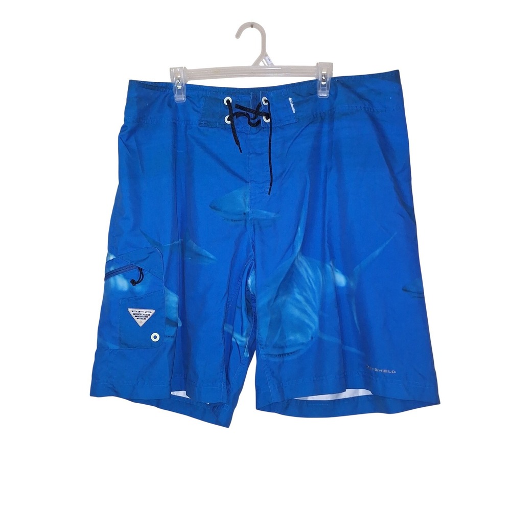 Columbia PFG Omni-Shield Shark Print Board Shorts Mens 42 Blue FM4537